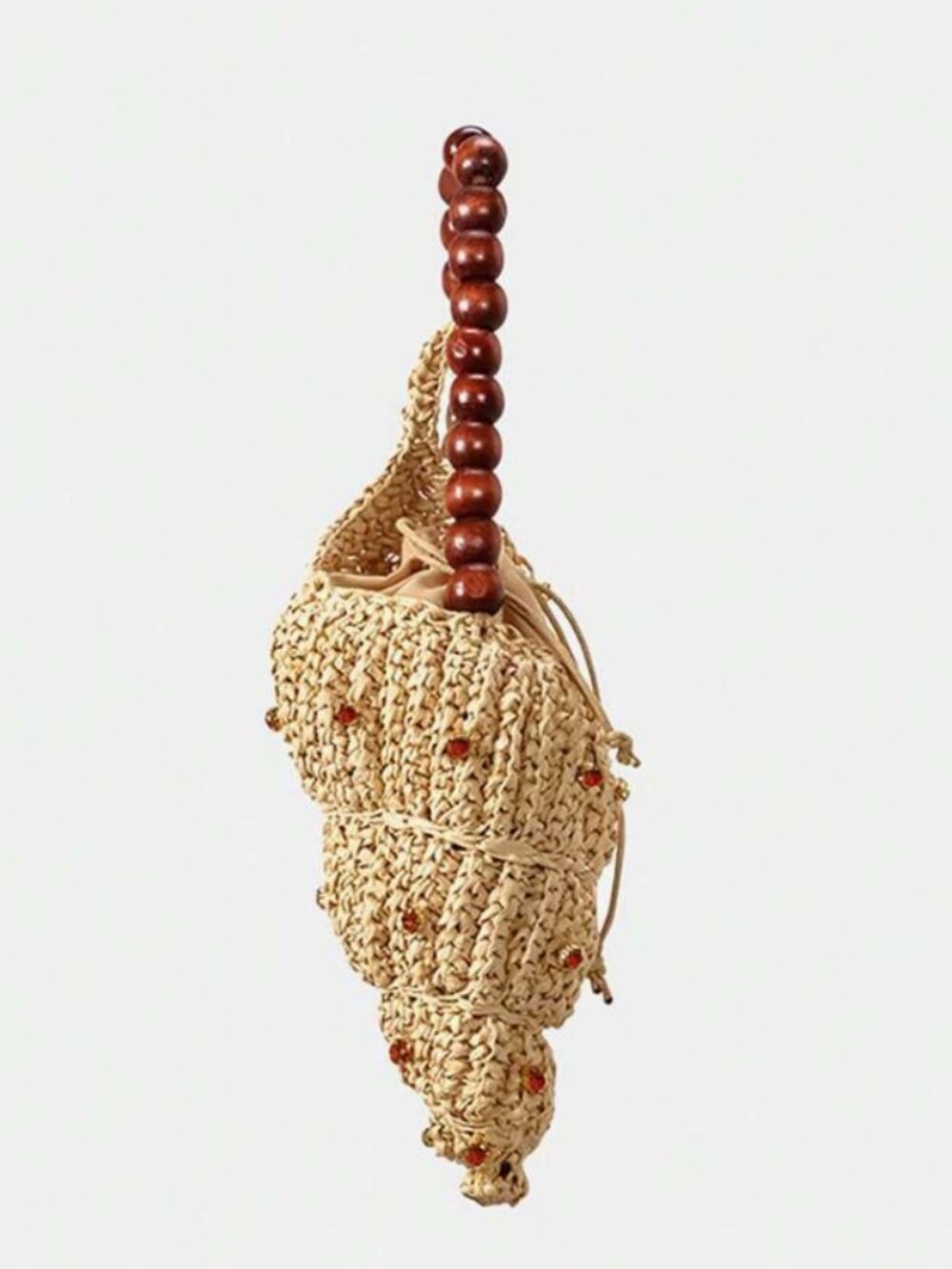Woven Seashell Wristlet Bag w/ Wooden Bead Handle & Crystals - NWOT